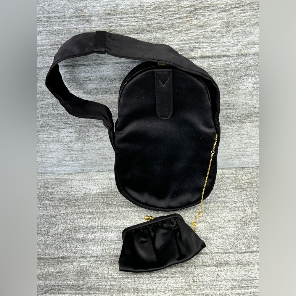 VTG Koret Satin Black Gold Evening Bag W/Matching Coin Purse 7” Oval Art Deco